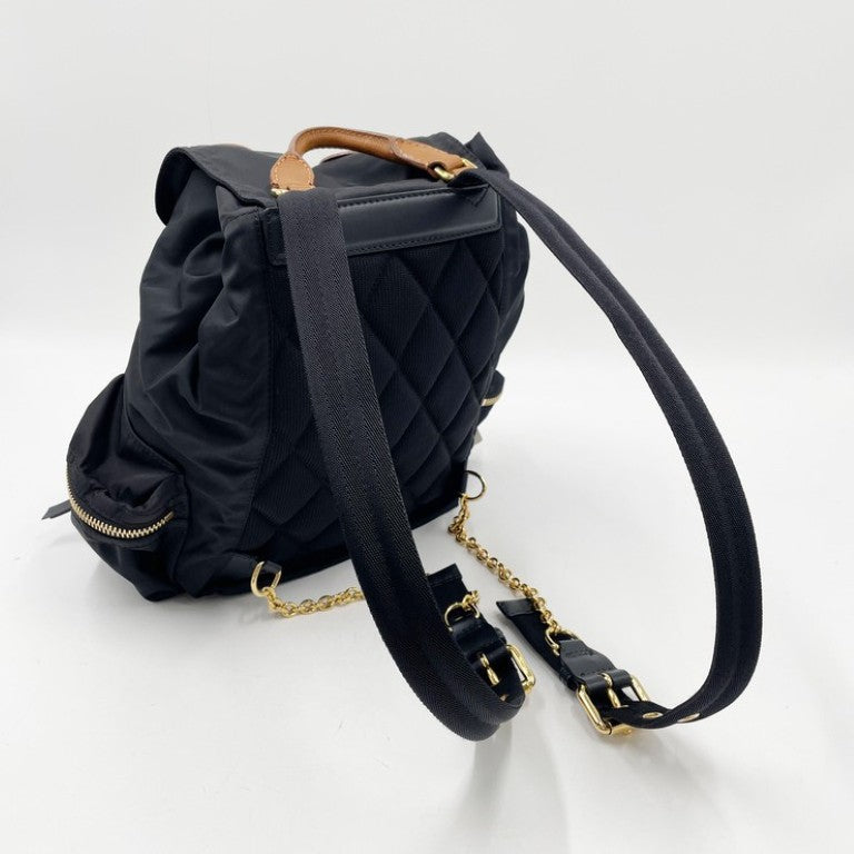 BURBERRY バーバリー リュックサック 4016622 ブラック ブラウン系 ナイロン ユニセックス 巾着 チェーン ゴールド金具 美品