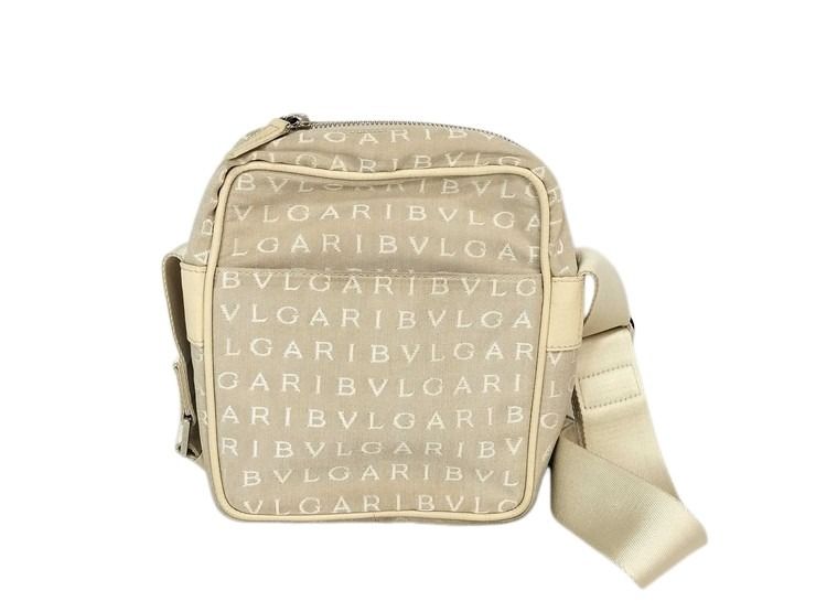 BVLGARI ブルガリ ショルダーバッグ ロゴマニア 26505 ベージュ系 キャンバス×レザー レディース シルバー金具 美品