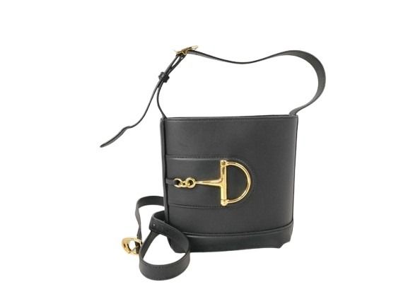 GUCCI グッチ ショルダーバッグ 73 ホースビット スモール バケットバッグ 833665 ブラック系 レザー レディース ゴールド金具 美品
