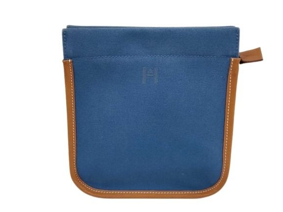 HERMES エルメス ポーチ カマイユ ネイビー系 ブラウン系 キャンバス×レザー ユニセックス シルバー金具 美品