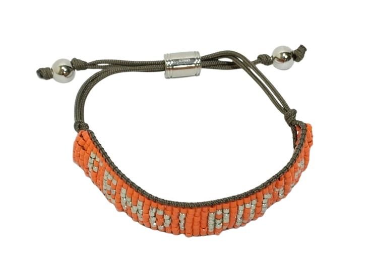 FENDI フェンディ ブレスレット シグネチャー ブレスレット 7AJ658 オレンジ シルバー カーキ系 ビーズ ファブリック メタル メンズ 美品