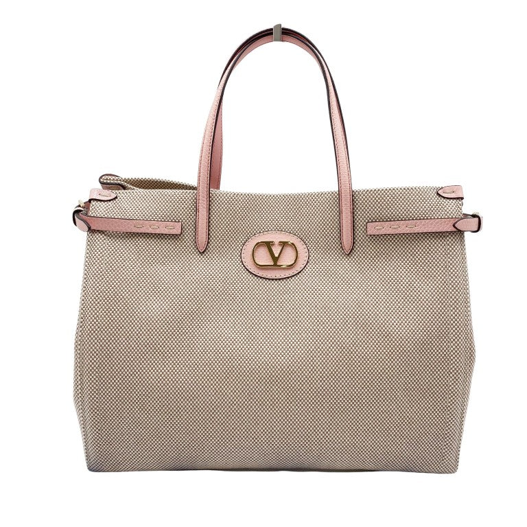VALENTINO GARAVANI ヴァレンティノ ガラヴァーニ ハンドバッグ アンティーブ ミディアム ベージュ ピンク キャンバス レザー レディース 美品
