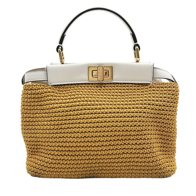 FENDI フェンディ ハンドバッグ ミニ ピーカブー 8BN244 ホワイト マスタード コットン（クロシェ編み）× レザー レディース 2WAY ゴールド金具 美品