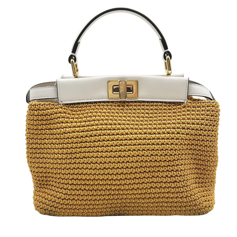 FENDI フェンディ ハンドバッグ ミニ ピーカブー 8BN244 ホワイト マスタード コットン（クロシェ編み）× レザー レディース 2WAY ゴールド金具 美品