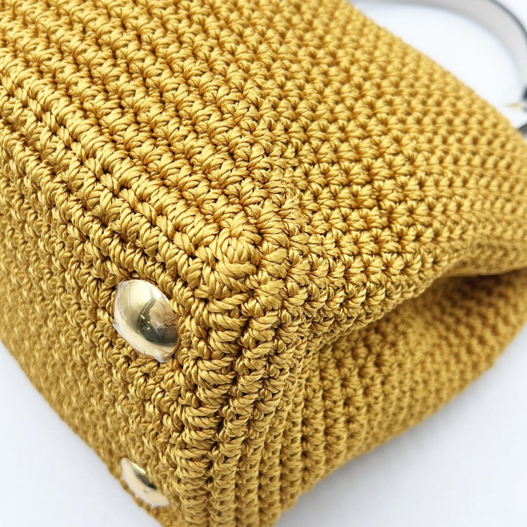 FENDI フェンディ ハンドバッグ ミニ ピーカブー 8BN244 ホワイト マスタード コットン（クロシェ編み）× レザー レディース 2WAY ゴールド金具 美品