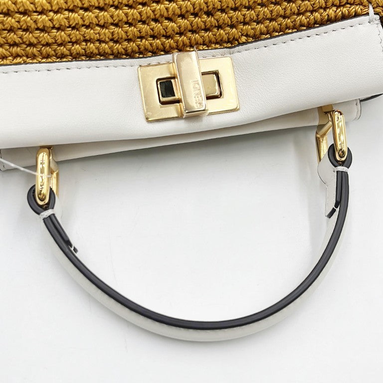 FENDI フェンディ ハンドバッグ ミニ ピーカブー 8BN244 ホワイト マスタード コットン（クロシェ編み）× レザー レディース 2WAY ゴールド金具 美品