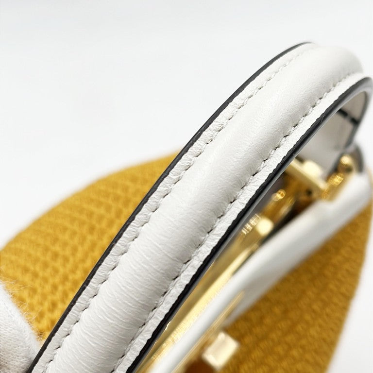 FENDI フェンディ ハンドバッグ ミニ ピーカブー 8BN244 ホワイト マスタード コットン（クロシェ編み）× レザー レディース 2WAY ゴールド金具 美品