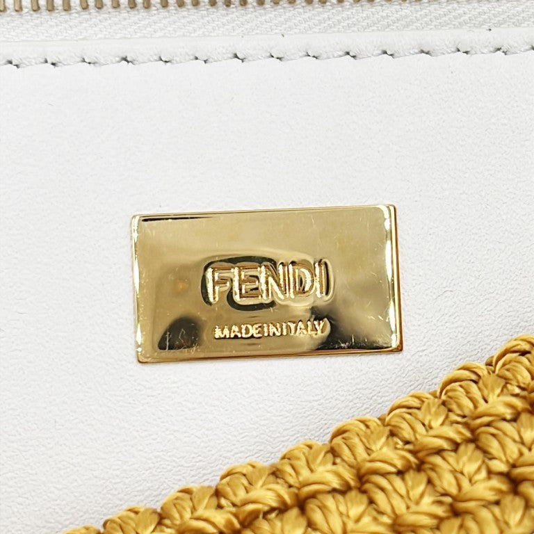 FENDI フェンディ ハンドバッグ ミニ ピーカブー 8BN244 ホワイト マスタード コットン（クロシェ編み）× レザー レディース 2WAY ゴールド金具 美品