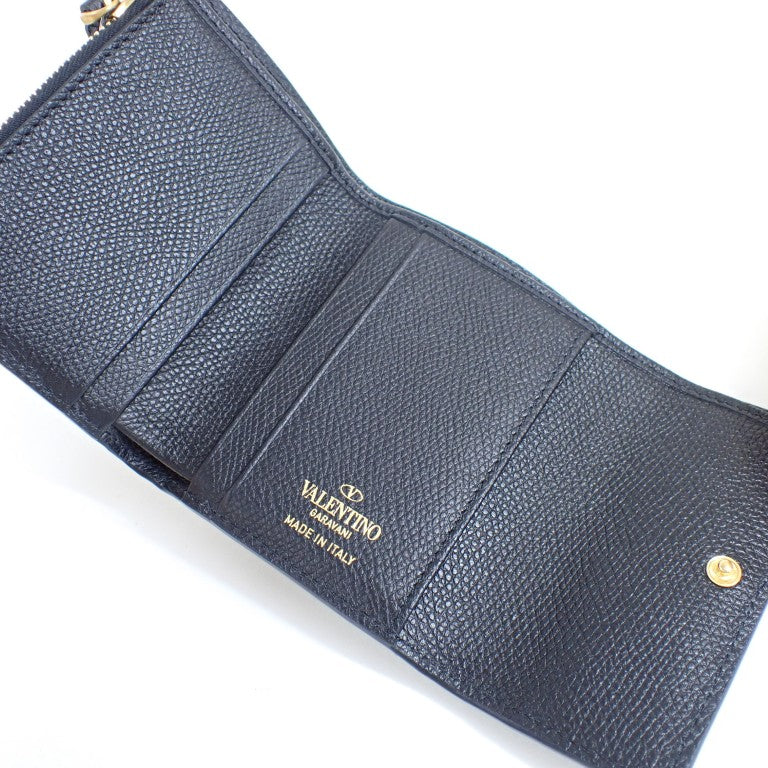 VALENTINO GARAVANI ヴァレンティノ ガラヴァーニ 財布 Vロゴ ブラック レザー ユニセックス 三つ折り財布 ゴールド金具 美品