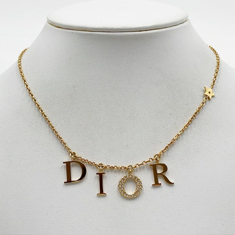 Christian Dior クリスチャン ディオール ネックレス Dio(r)evolution ゴールド メタル レディース ラインストーン ロゴ 美品