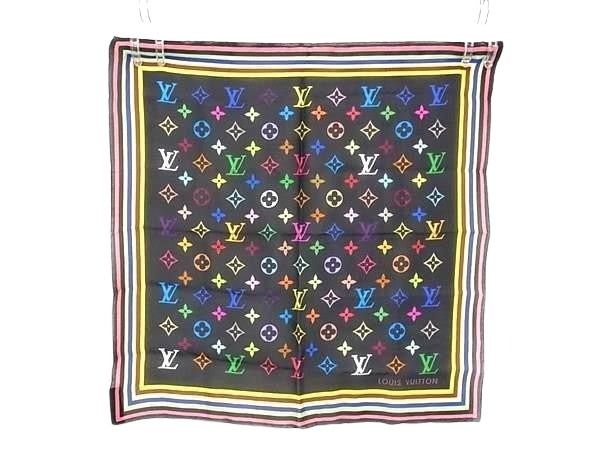 LOUIS VUITTON ルイヴィトン ハンカチーフ モノグラム ブラック マルチカラー系 シルク100% レディース ミニスカーフ 超美品