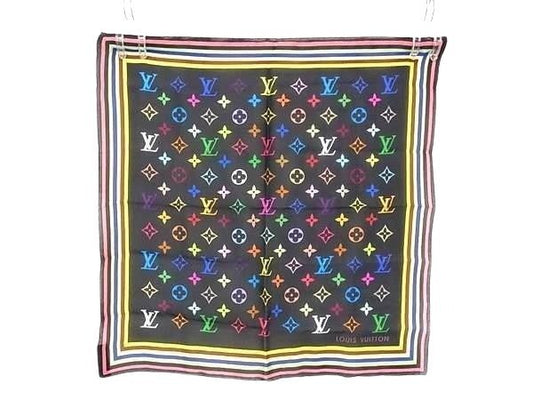 LOUIS VUITTON ルイヴィトン ハンカチーフ モノグラム ブラック マルチカラー系 シルク100% レディース ミニスカーフ 超美品