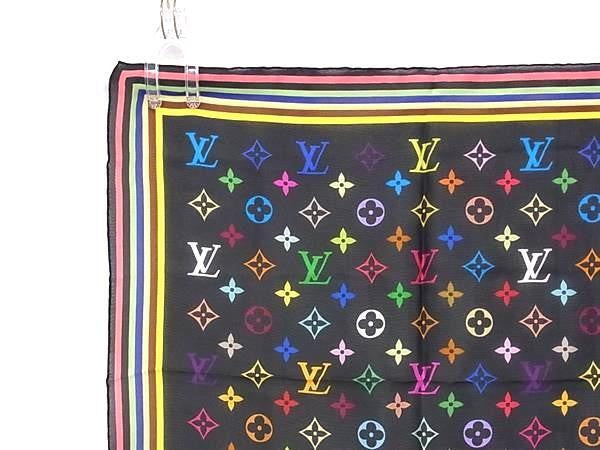 LOUIS VUITTON ルイヴィトン ハンカチーフ モノグラム ブラック マルチカラー系 シルク100% レディース ミニスカーフ 超美品