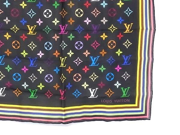 LOUIS VUITTON ルイヴィトン ハンカチーフ モノグラム ブラック マルチカラー系 シルク100% レディース ミニスカーフ 超美品