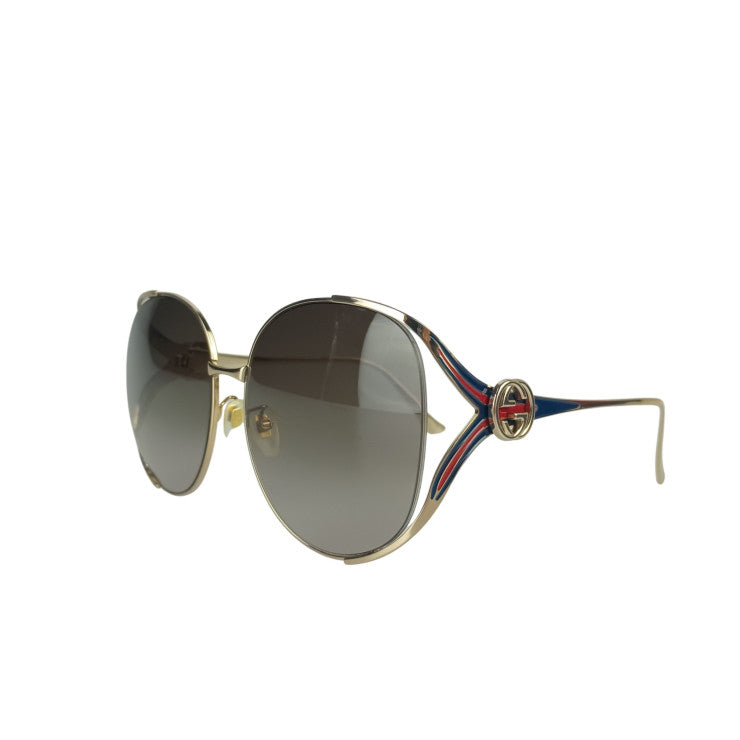 GUCCI グッチ サングラス インターロッキングG ウェブストライプ GG0225S ゴールド ネイビー レッド系 メタル レディース 美品