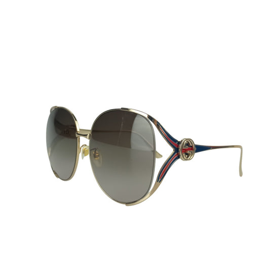 GUCCI グッチ サングラス インターロッキングG ウェブストライプ GG0225S ゴールド ネイビー レッド系 メタル レディース 美品