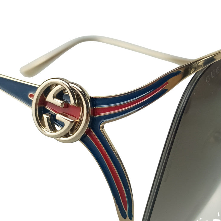 GUCCI グッチ サングラス インターロッキングG ウェブストライプ GG0225S ゴールド ネイビー レッド系 メタル レディース 美品