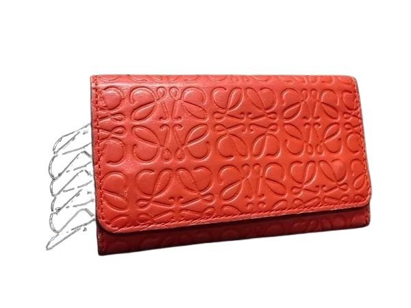 LOEWE ロエベ 6連 キーケース リピートアナグラム レッド レザー レディース シルバー金具 美品