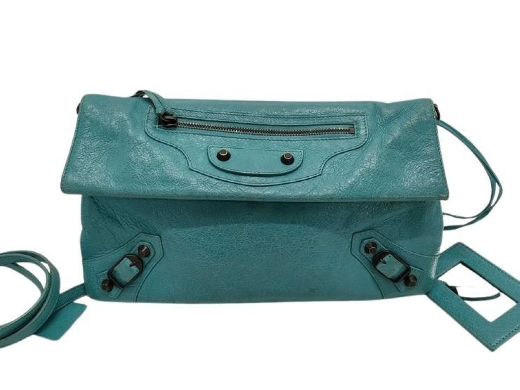 BALENCIAGA バレンシアガ ショルダーバッグ ジャイアントヒップ 319376 ターコイズブルー系 レザー レディース クラッチバッグ 美品