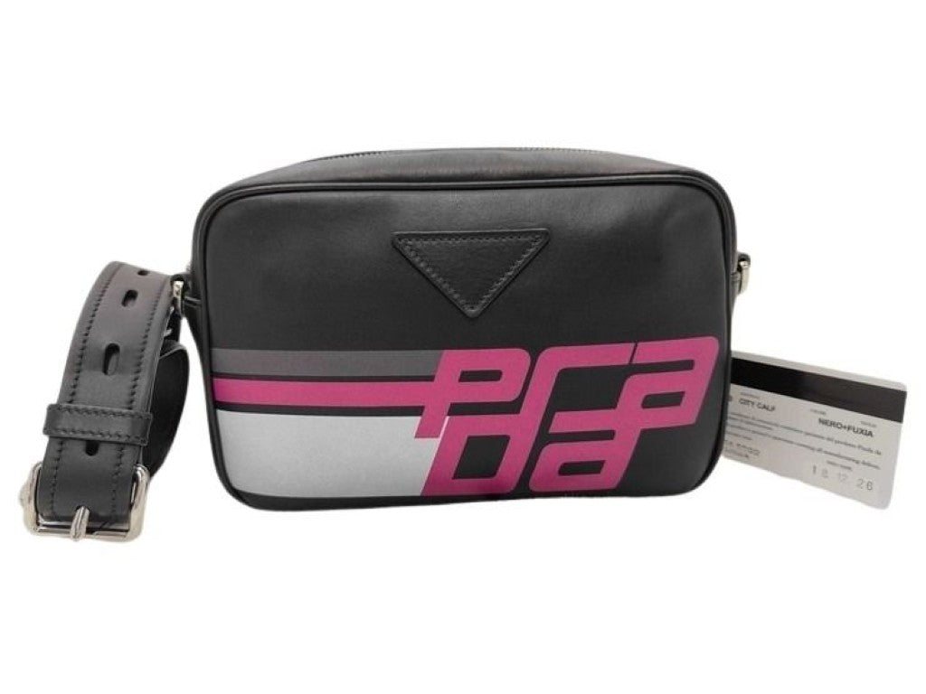 PRADA プラダ ショルダーバッグ 1BH093 ブラック ピンク系 レザー ユニセックス ロゴ 白タグ シルバー金具