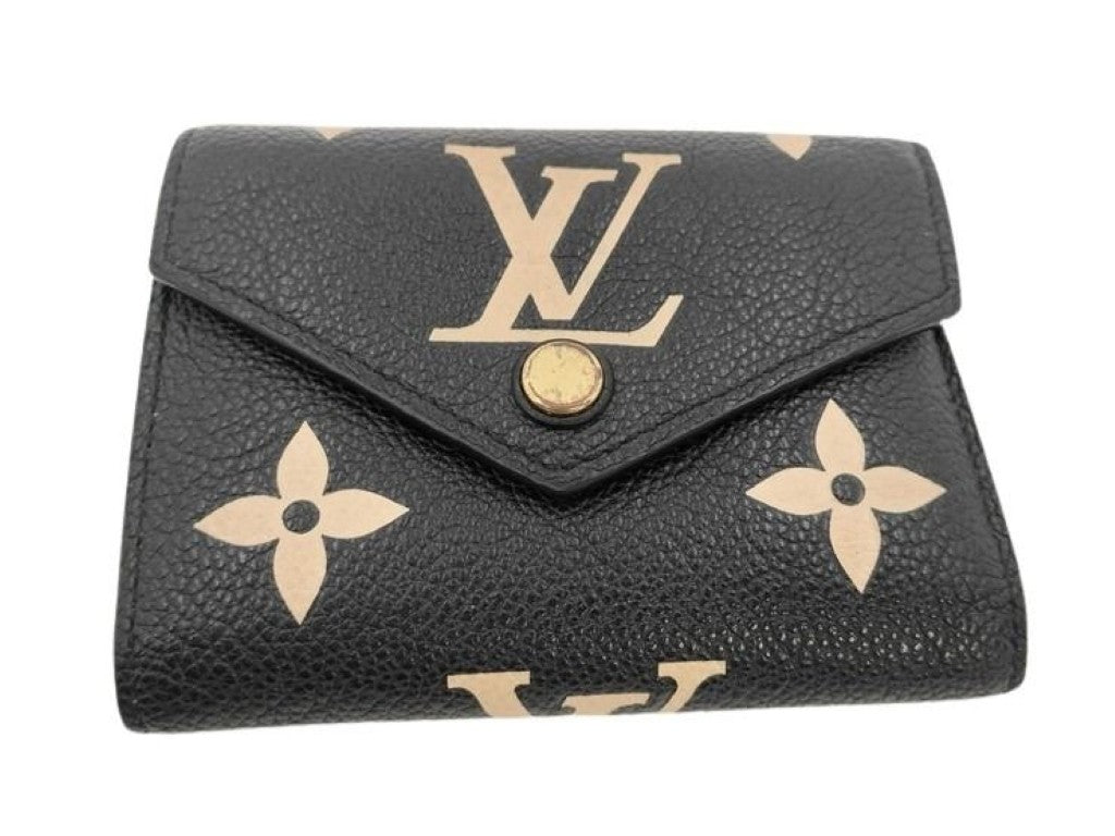 LOUIS VUITTON ルイヴィトン 三つ折り財布 ヴィクトリーヌ M80968 ブラック ベージュ系 バイカラー モノグラム アンプラント レディース ゴールド金具 美品