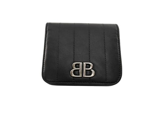 BALENCIAGA バレンシアガ 二つ折り財布 モナコ 765459 ブラック系 レザー ユニセックス BBロゴ シルバー金具 美品