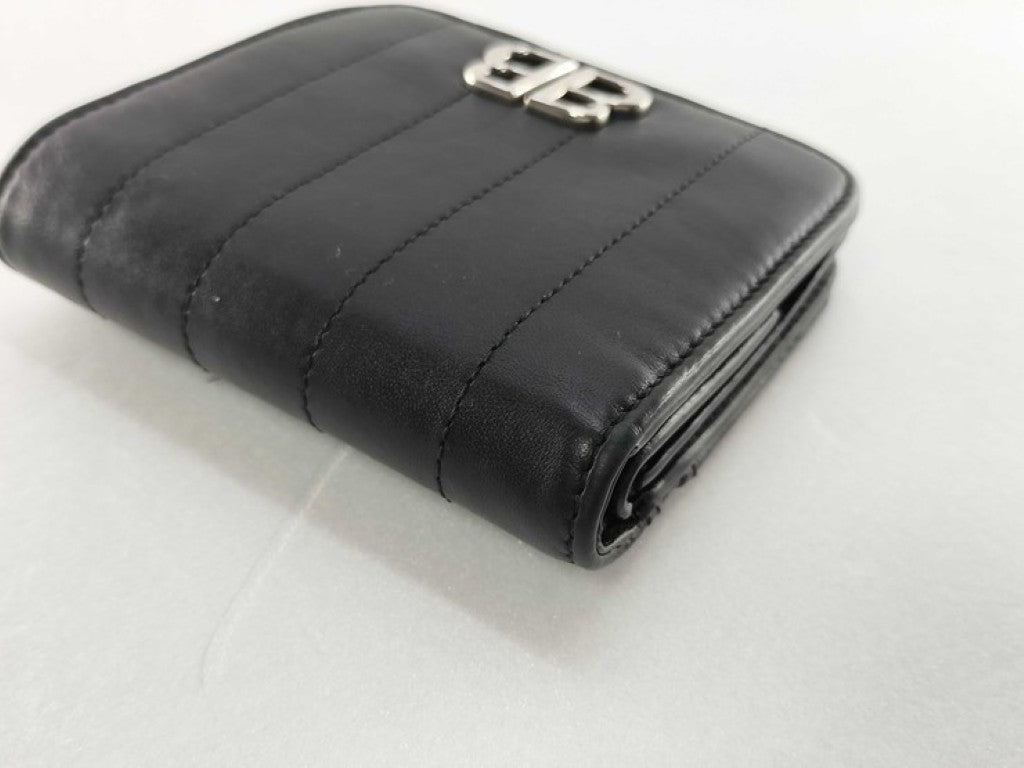 BALENCIAGA バレンシアガ 二つ折り財布 モナコ 765459 ブラック系 レザー ユニセックス BBロゴ シルバー金具 美品