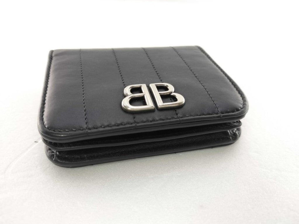 BALENCIAGA バレンシアガ 二つ折り財布 モナコ 765459 ブラック系 レザー ユニセックス BBロゴ シルバー金具 美品