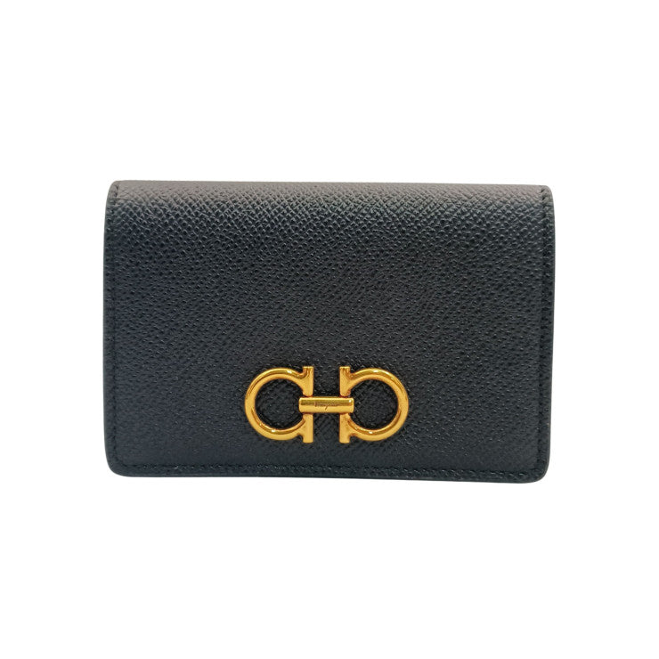 Salvatore Ferragamo フェラガモ 名刺入れ ガンチーニ カードケース IY-220371 ブラック系 レザー レディース ゴールド金具 新品未使用展示品