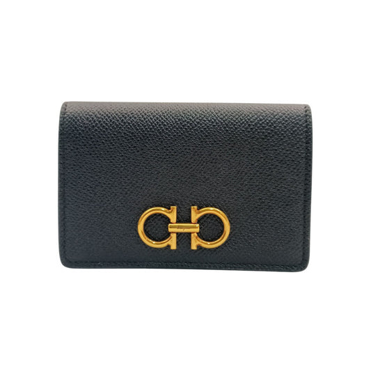 Salvatore Ferragamo フェラガモ 名刺入れ ガンチーニ カードケース IY-220371 ブラック系 レザー レディース ゴールド金具 新品未使用展示品
