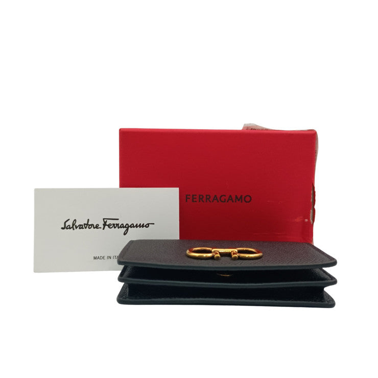 Salvatore Ferragamo フェラガモ 名刺入れ ガンチーニ カードケース IY-220371 ブラック系 レザー レディース ゴールド金具 新品未使用展示品
