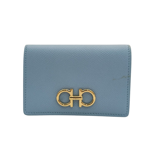 Salvatore Ferragamo フェラガモ 名刺入れ ガンチーニ カードケース IY-220371 ライトブルー系 レザー レディース ゴールド金具 新品未使用展示品
