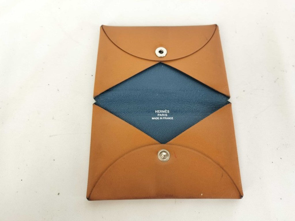 HERMES エルメス カードケース カルヴィ ヴェルソ ブラウン系 ネイビー系 レザー ユニセックス 名刺入れ バイカラー