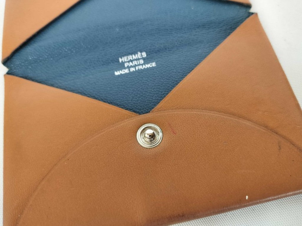 HERMES エルメス カードケース カルヴィ ヴェルソ ブラウン系 ネイビー系 レザー ユニセックス 名刺入れ バイカラー