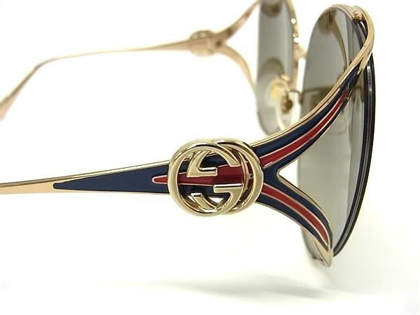 GUCCI グッチ サングラス インターロッキングG ウェブストライプ GG0225S ゴールド ネイビー レッド系 メタル レディース 美品