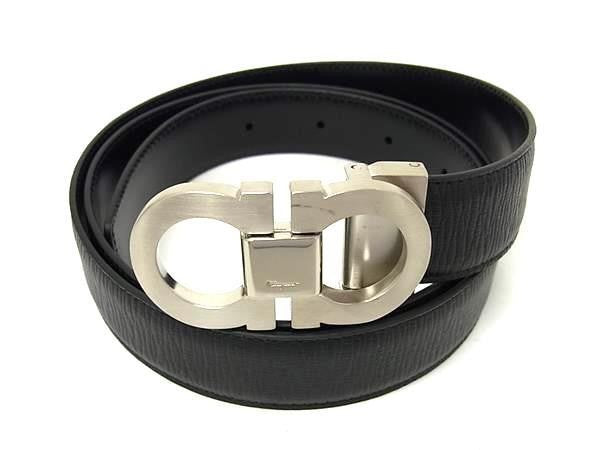 SALVATORE FERRAGAMO フェラガモ ベルト ガンチーニ ブラック系 レザー ユニセックス リバーシブル シルバー金具 超美品