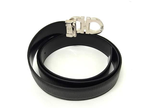 SALVATORE FERRAGAMO フェラガモ ベルト ガンチーニ ブラック系 レザー ユニセックス リバーシブル シルバー金具 超美品
