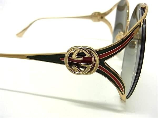 GUCCI グッチ サングラス インターロッキングG ウェブストライプ GG0225S ゴールド グリーン レッド系 メタル レディース 美品