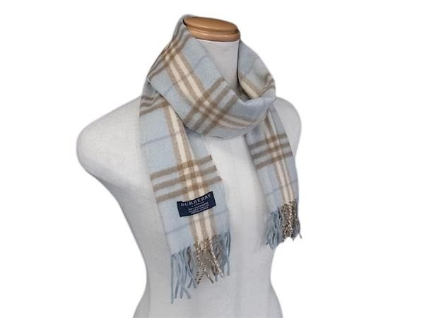 BURBERRY バーバリー マフラー ライトブルー系 カシミヤ100％ レディース チェック柄 フリンジ 美品