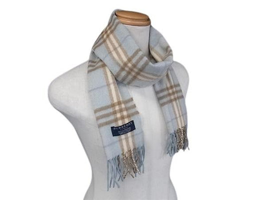 BURBERRY バーバリー マフラー ライトブルー系 カシミヤ100％ レディース チェック柄 フリンジ 美品