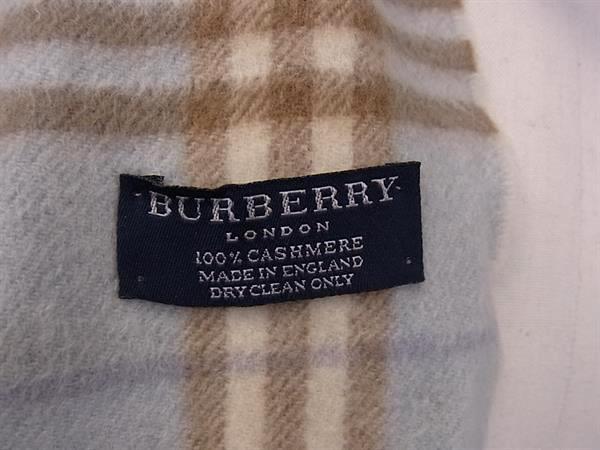 BURBERRY バーバリー マフラー ライトブルー系 カシミヤ100％ レディース チェック柄 フリンジ 美品