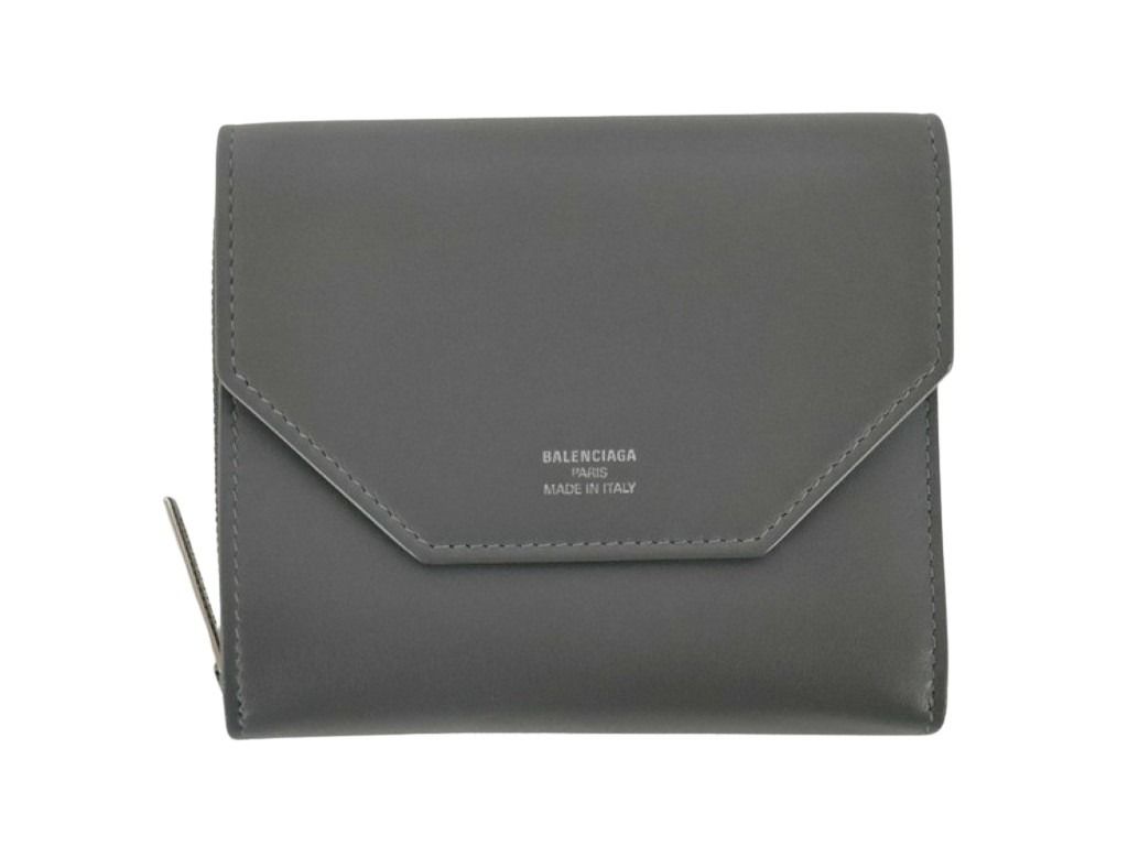 BALENCIAGA バレンシアガ 三つ折り財布 エンベロープ 753762 グレー系 レザー レディース コンパクトウォレット シルバー金具 美品
