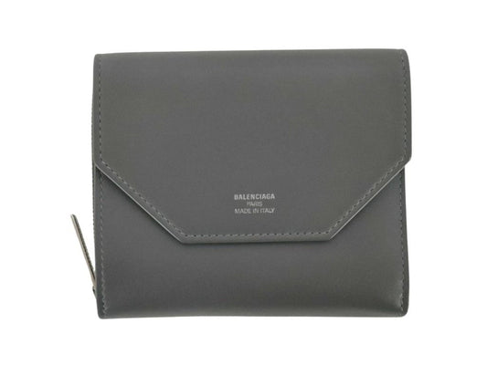 BALENCIAGA バレンシアガ 三つ折り財布 エンベロープ 753762 グレー系 レザー レディース コンパクトウォレット シルバー金具 美品