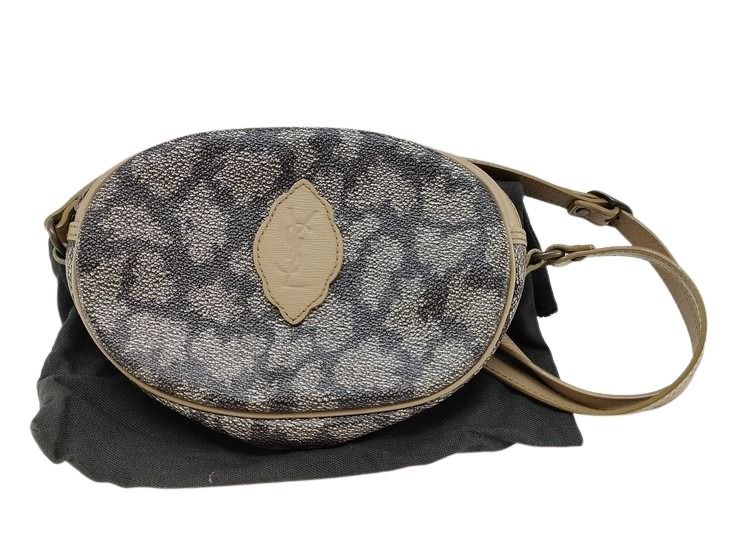 Yves Saint Laurent イヴサンローラン ショルダーバッグ カサンドラロゴ グレー系 ベージュ PVC レザー レディース YSL 美品