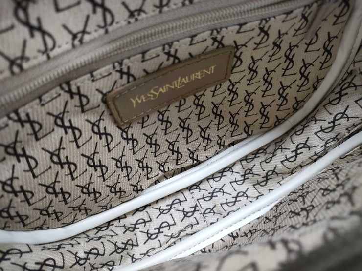 Yves Saint Laurent イヴサンローラン ショルダーバッグ カサンドラロゴ グレー系 ベージュ PVC レザー レディース YSL 美品