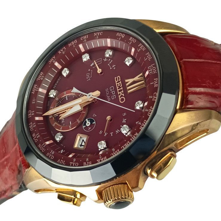 SEIKO セイコー 時計 アストロン 8Xシリーズ デュアルタイム ダイヤモンド限定モデル 8X53-0AM0 SBXB080 レッド文字盤系 セラミック/チタン クロコダイル メンズ 500本限定 GPS ソーラー 美品