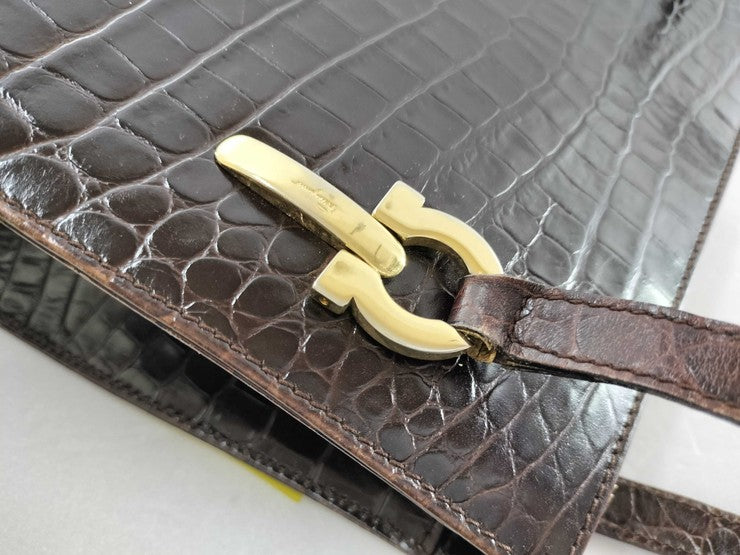 Salvatore Ferragamo フェラガモ ショルダーバッグ ガンチーニ 21 7708 ブラウン系 型押しレザー レディース ゴールド金具
