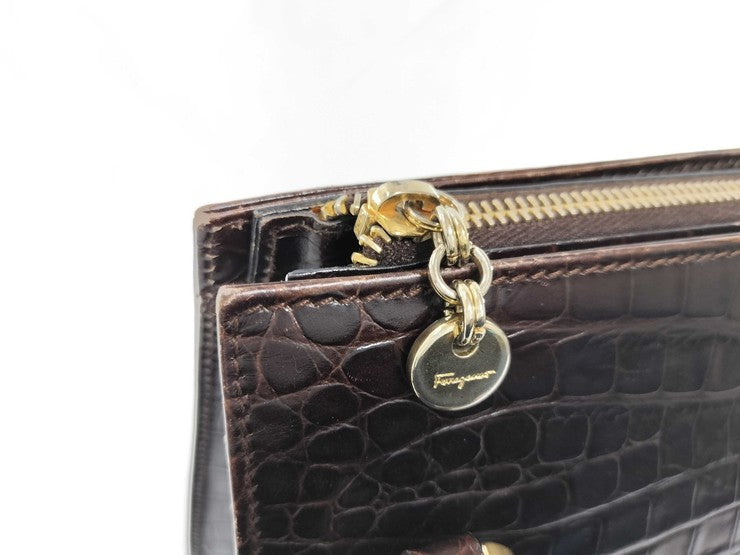 Salvatore Ferragamo フェラガモ ショルダーバッグ ガンチーニ 21 7708 ブラウン系 型押しレザー レディース ゴールド金具