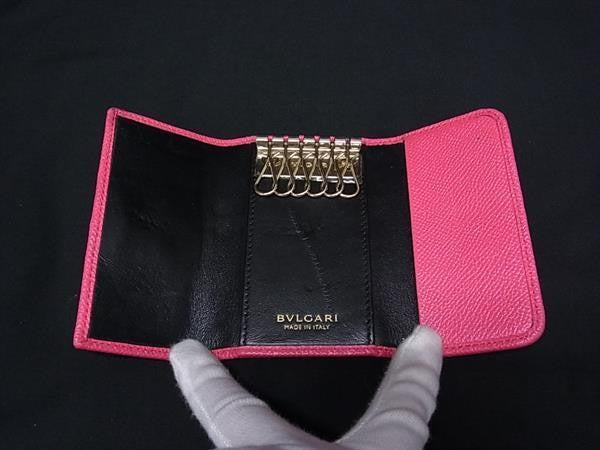 BVLGARI ブルガリ キーケース ブルガリブルガリ ピンク系 グレインカーフレザー レディース ロゴクリップ 6連 ゴールド金具 美品