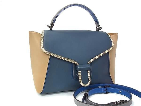 COACH コーチ ハンドバック クーリエ キャリーオール 701 ブルー系×ベージュ系 レザー×パイソン レディース 2WAY ショルダーバッグ 美品